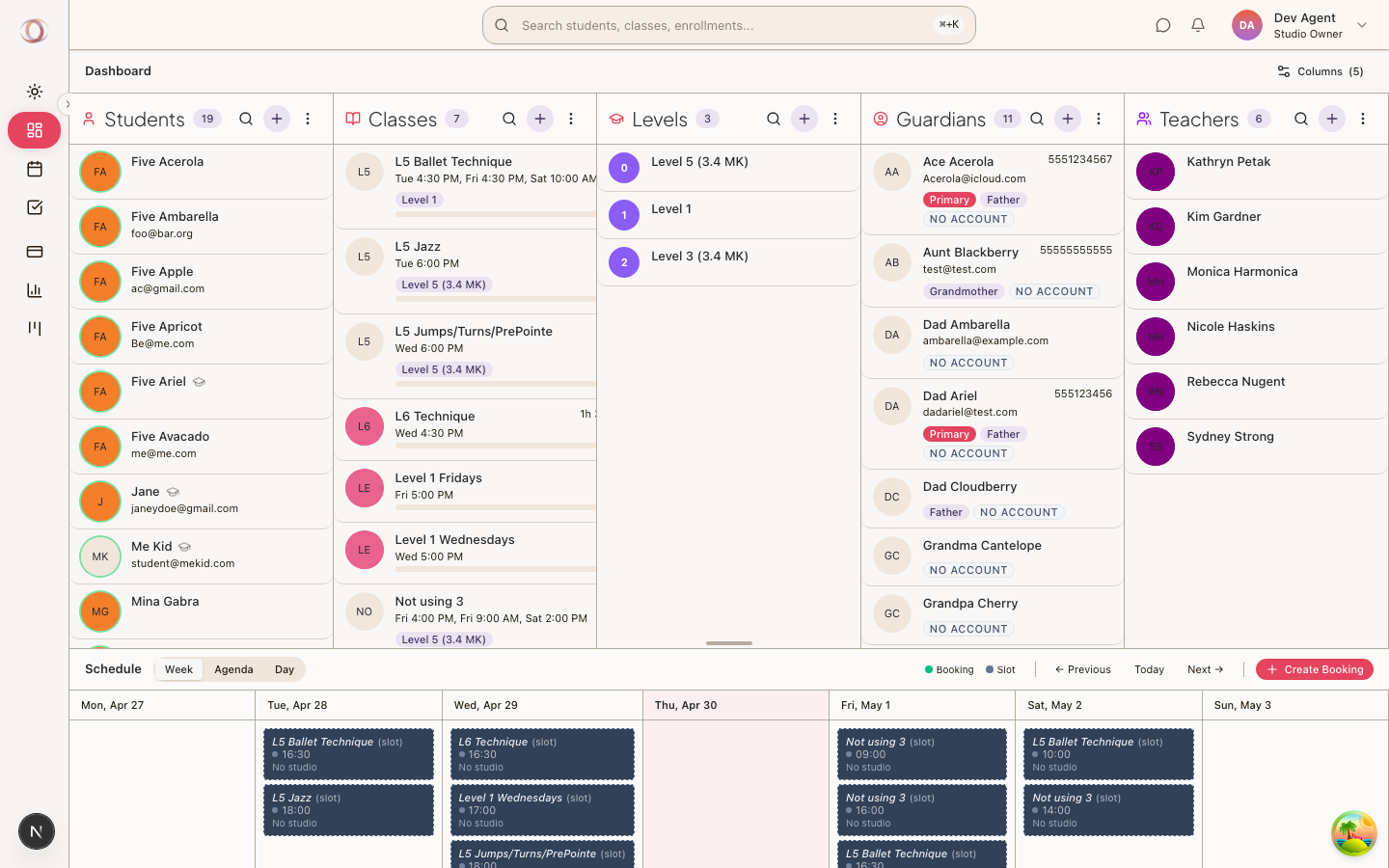The Harmonic Command Center — five entity columns (students, classes, levels, guardians, teachers) over a weekly schedule