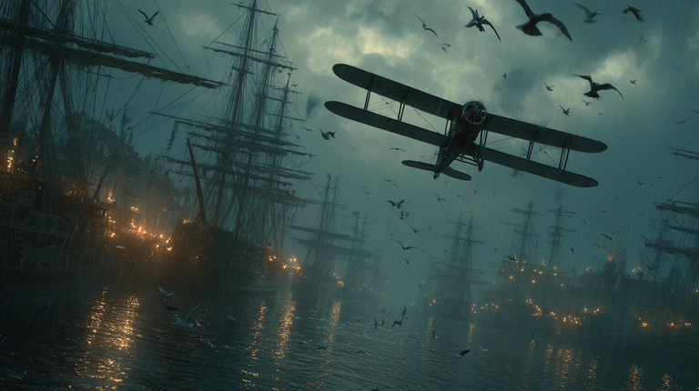 Harbor Dreadnoughts — a biplane banking over a dark harbor